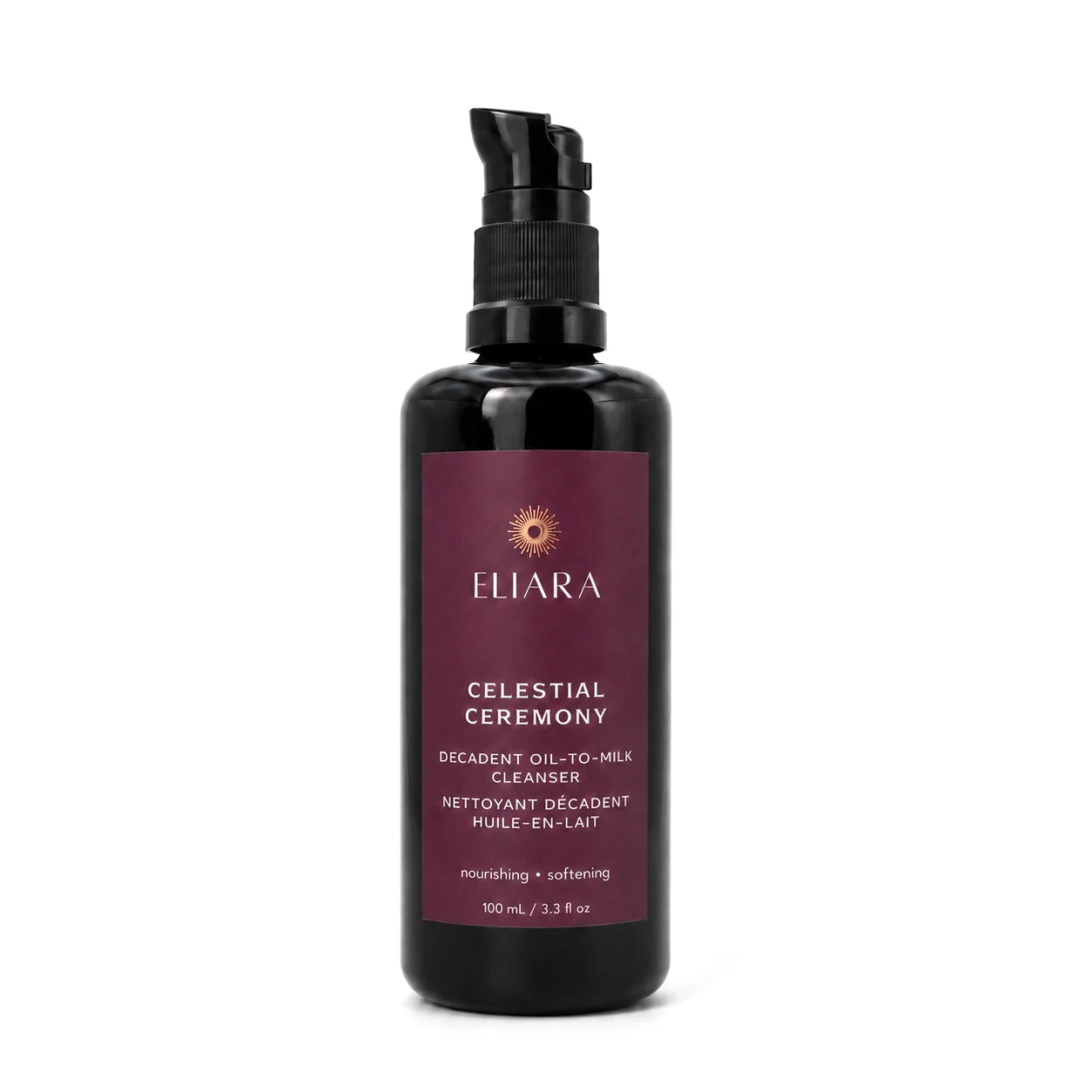 Black bottle of Eliara Celestial Ceremony cleanser on a white background