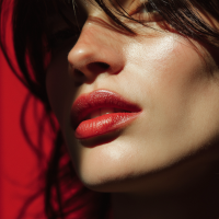 Close-up of a woman's face with red lipstick against a dark background