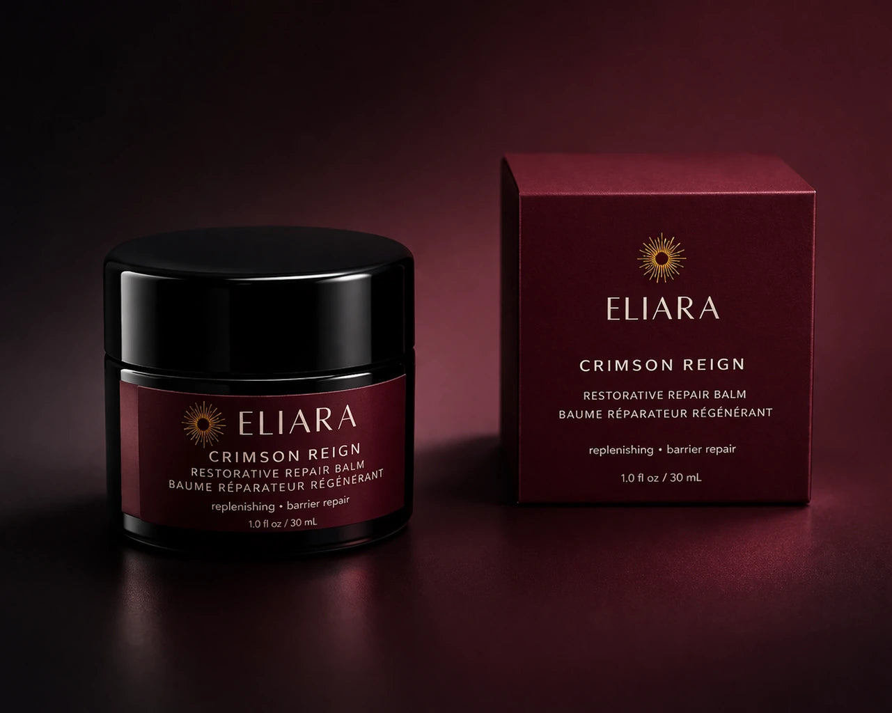 Eliara Crimson Reign Restorative Repair Balm with packaging on a dark background